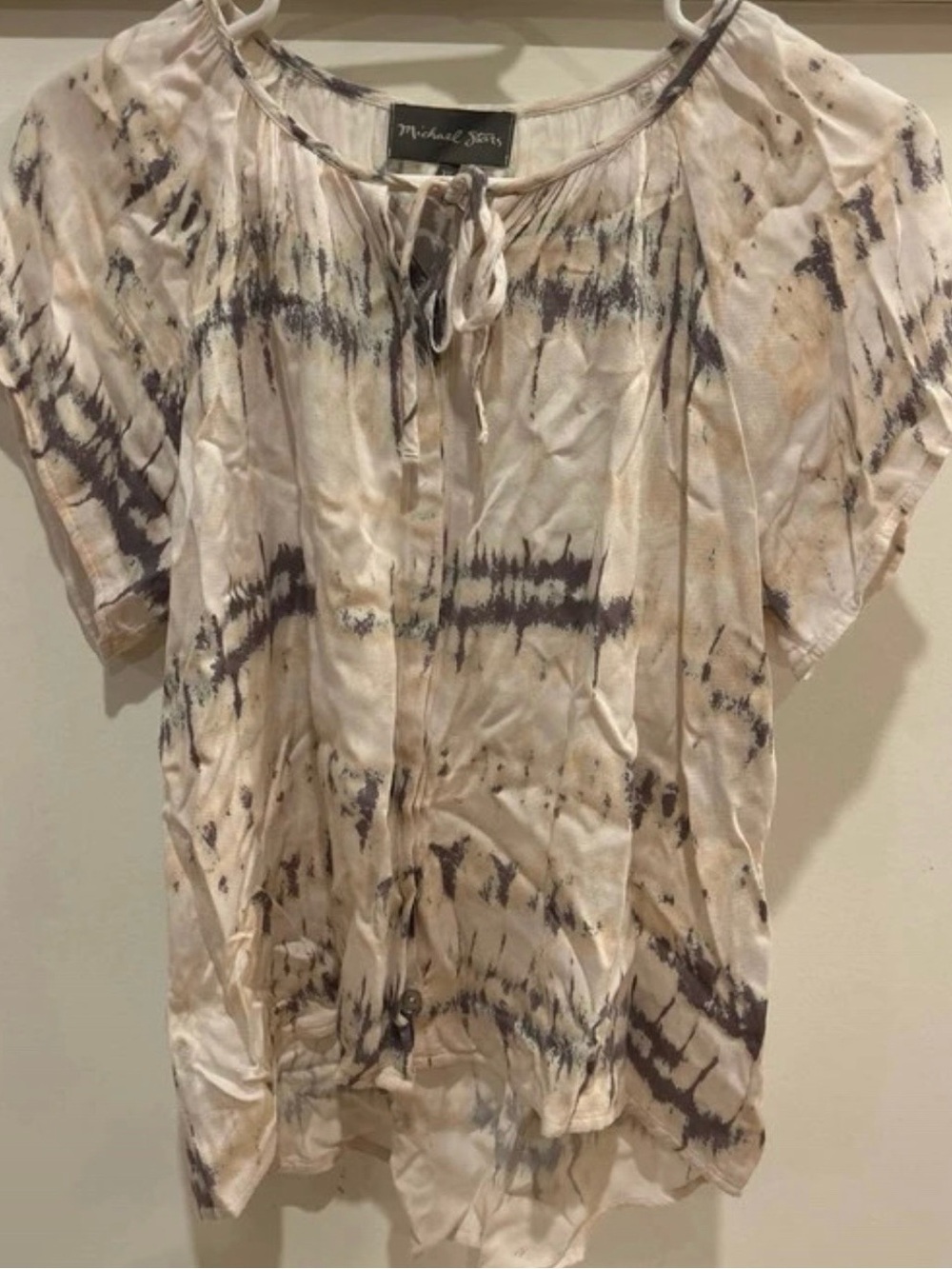 Michael Stars Cream and Taupe Tie-Dye Short Sleeve Blouse